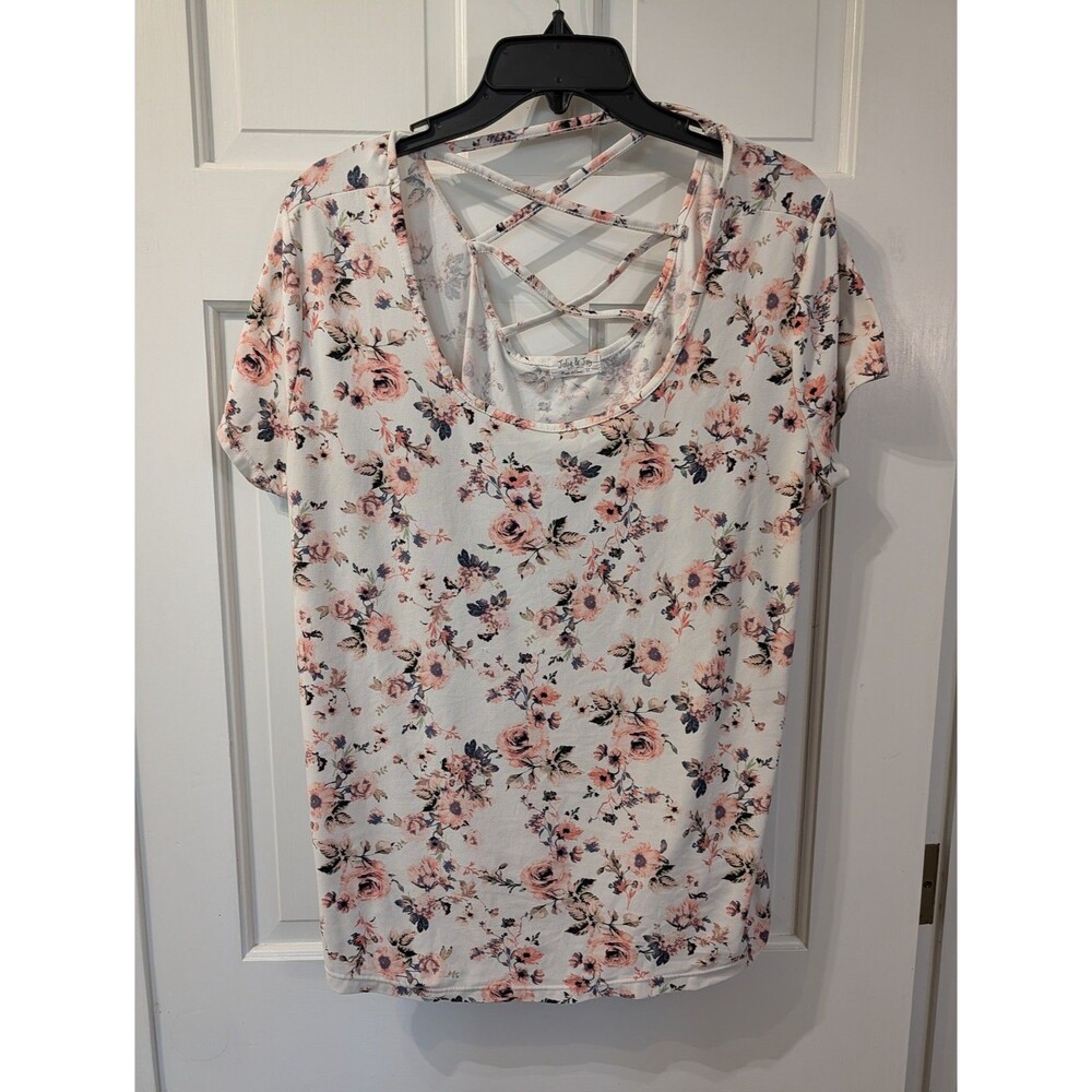 Jolie & Joy Floral Top Womens 3X Pink White Short Sleeve Crisscross Back